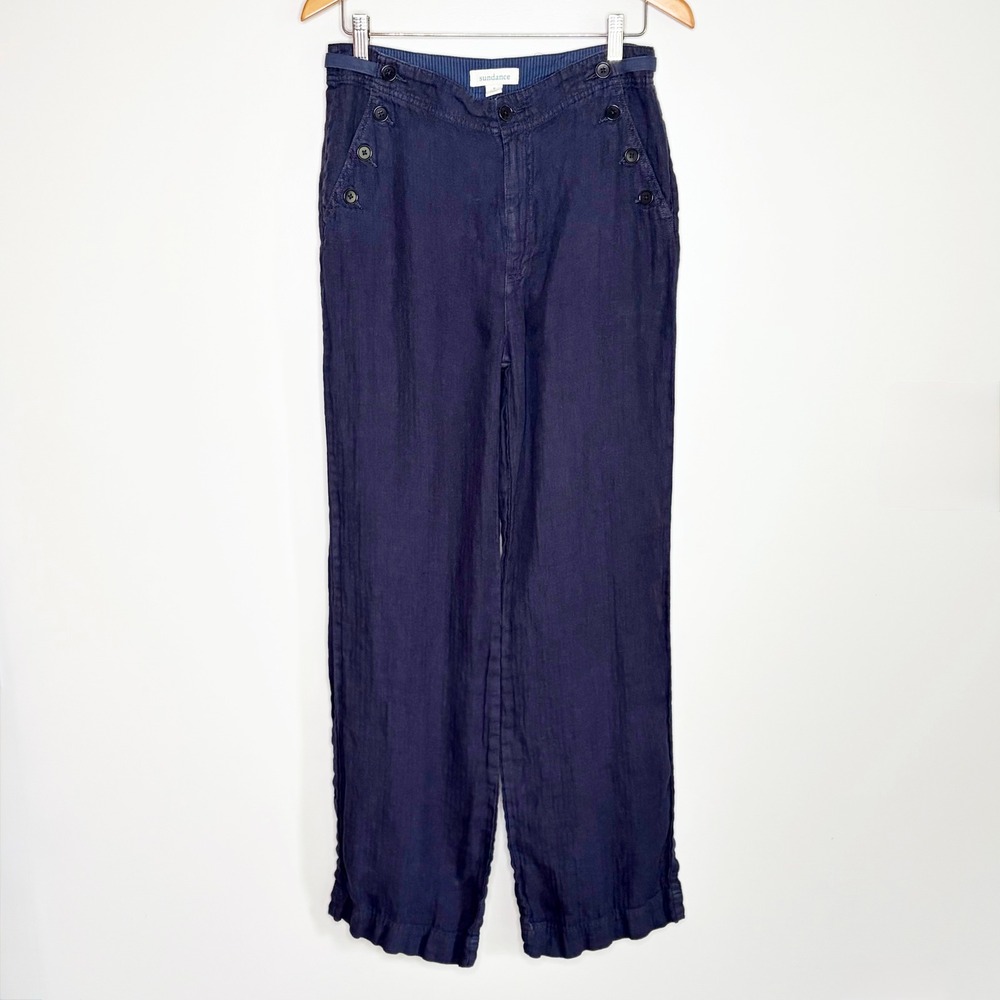 Sundance Navy Blue Linen Sailor Pants Size 6 Wide Leg Herringbone High Rise